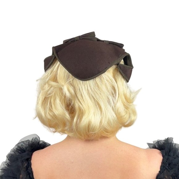 Vintage Bows Hat Scalloped Chocolate Brown Wool Calot Cap main image 4